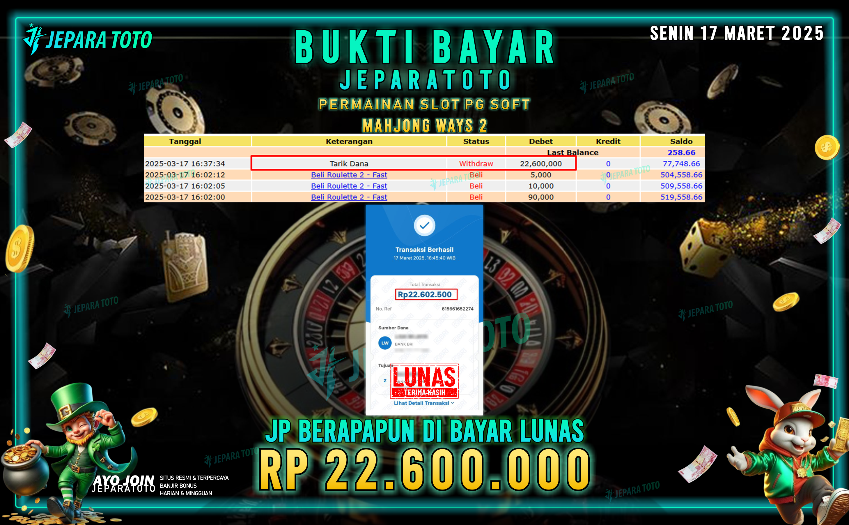 BUKTI KEMENANGAN MEMBER JEPARATOTO SLOT PG SOFT | GAME MAHJONG WAYS 2