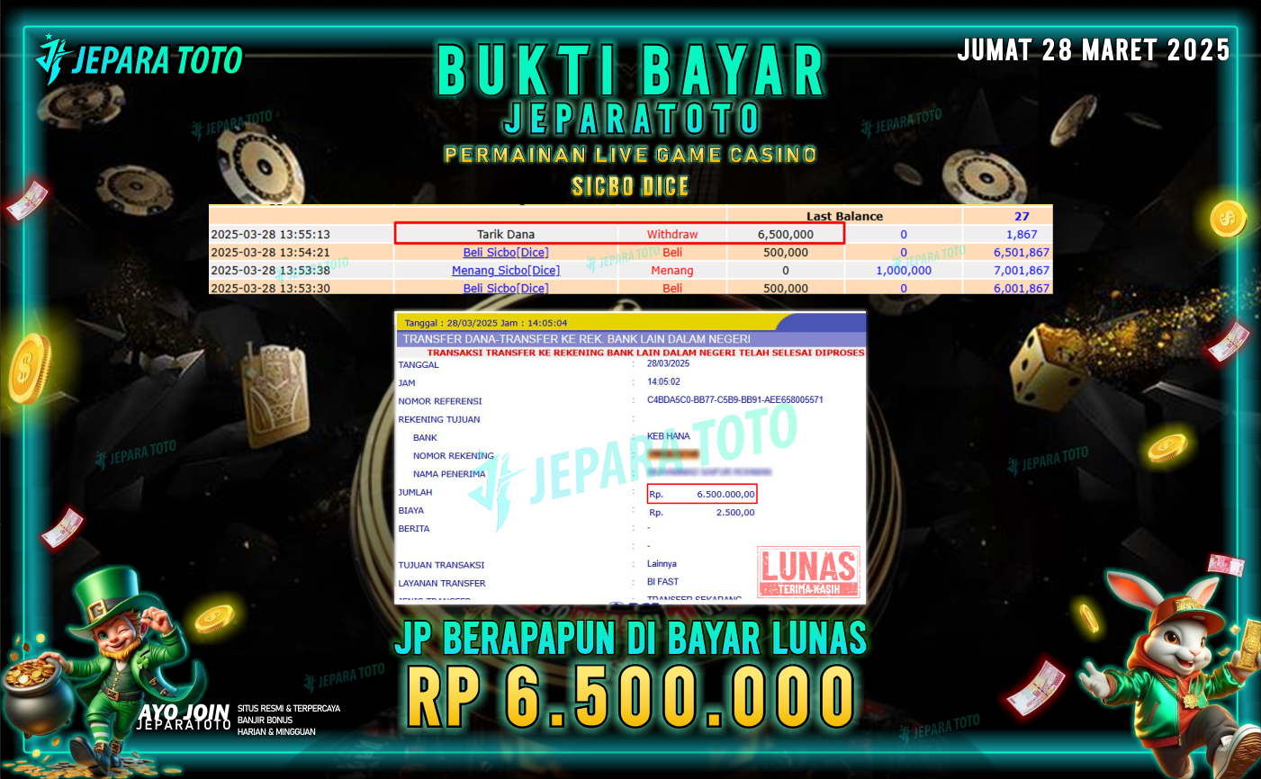 BUKTI KEMENANGAN MEMBER JEPARATOTO LIVE GAME CASINO | GAME SICBO DICE