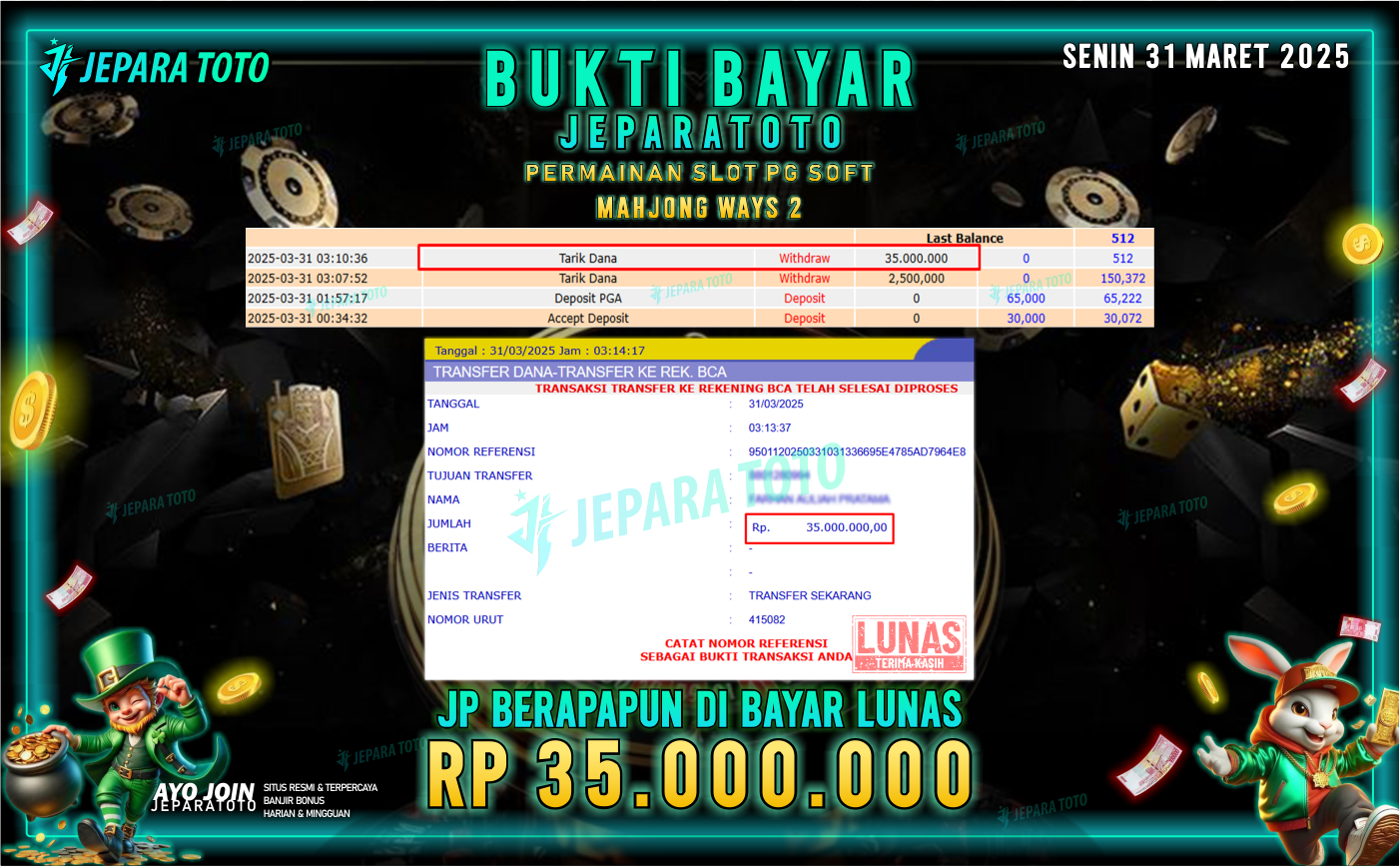 BUKTI KEMENANGAN MEMBER JEPARATOTO SLOT PG SOFT | GAME MAHJONG WAYS 2