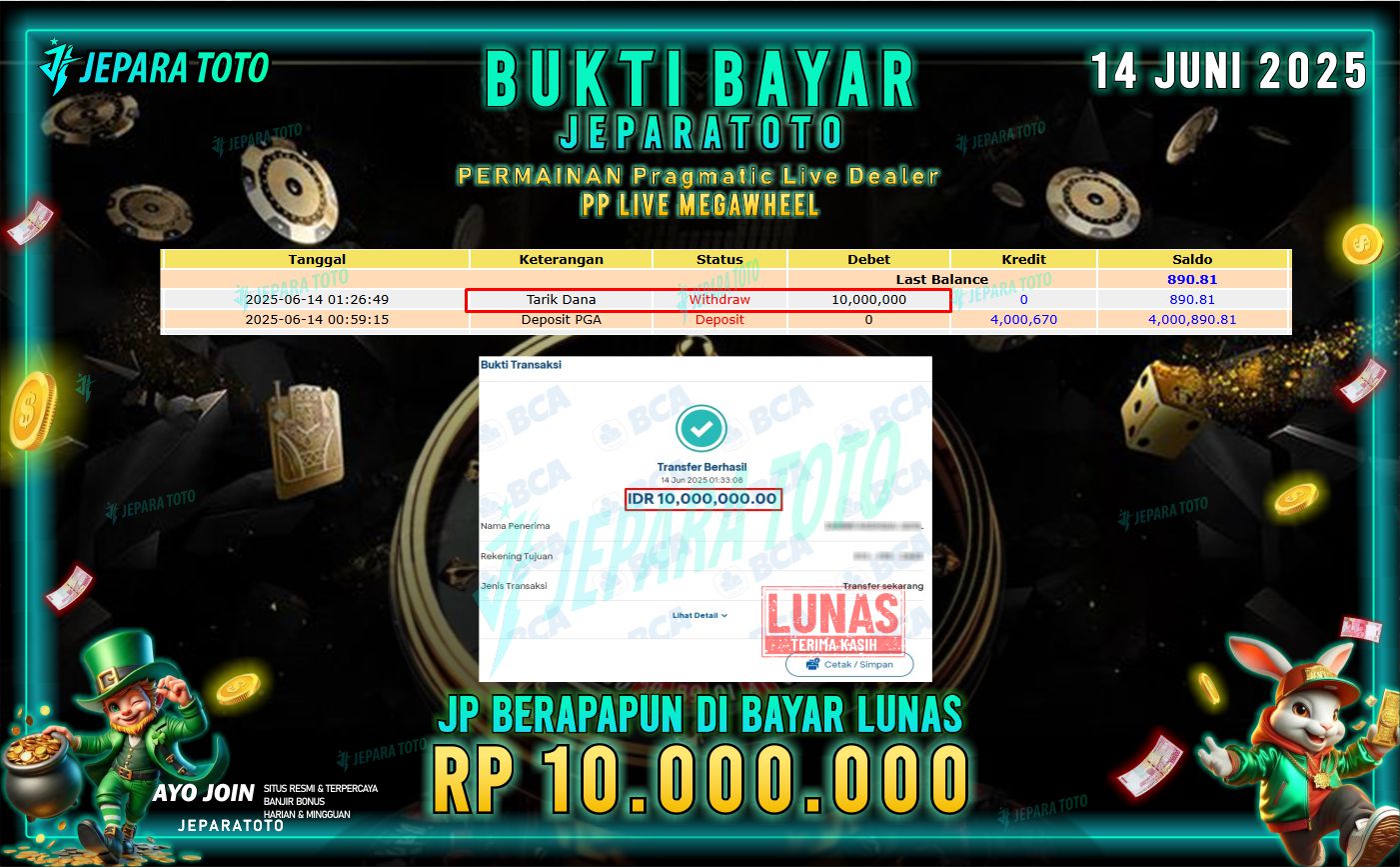 BUKTI KEMENANGAN MEMBER JEPARATOTO |  PP LIVE MEGAWHEEL