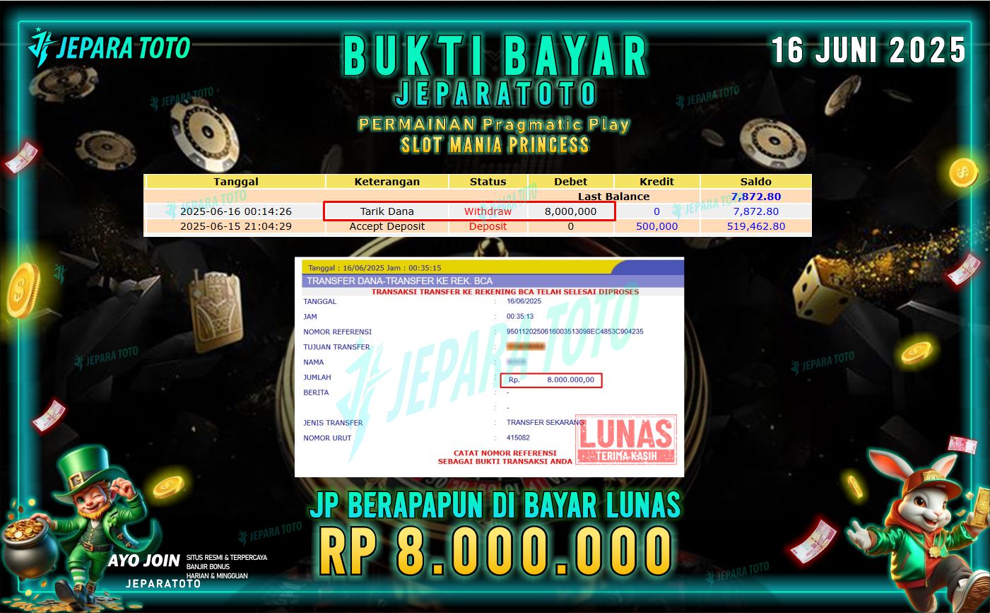 BUKTI KEMENANGAN MEMBER JEPARATOTO | SLOT MANIA PRINCESS