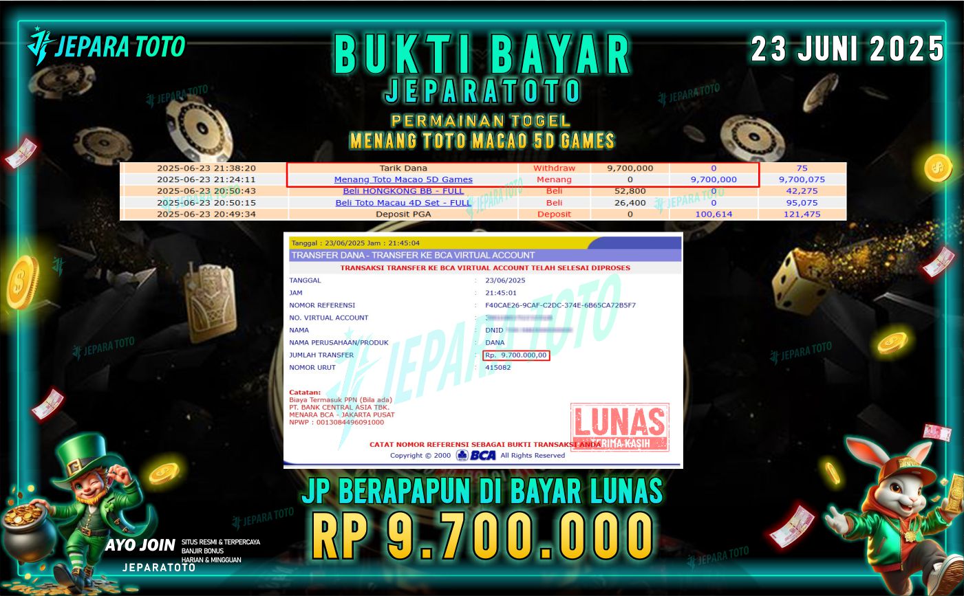 BUKTI KEMENANGAN MEMBER JEPARATOTO | TOTO MACAUA 5D GAMES