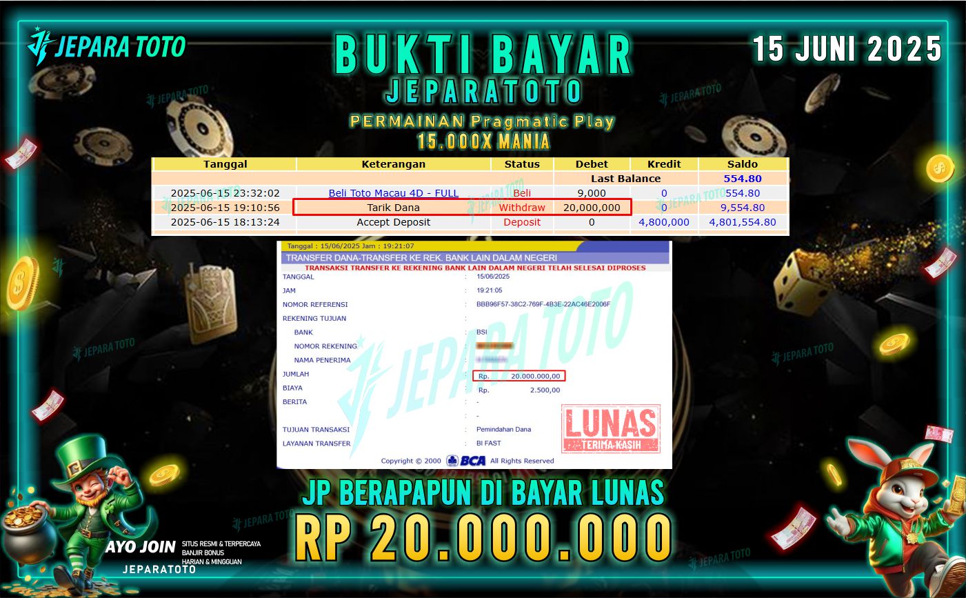BUKTI KEMENANGAN MEMBER JEPARATOTO | 15,000 X MANIA
