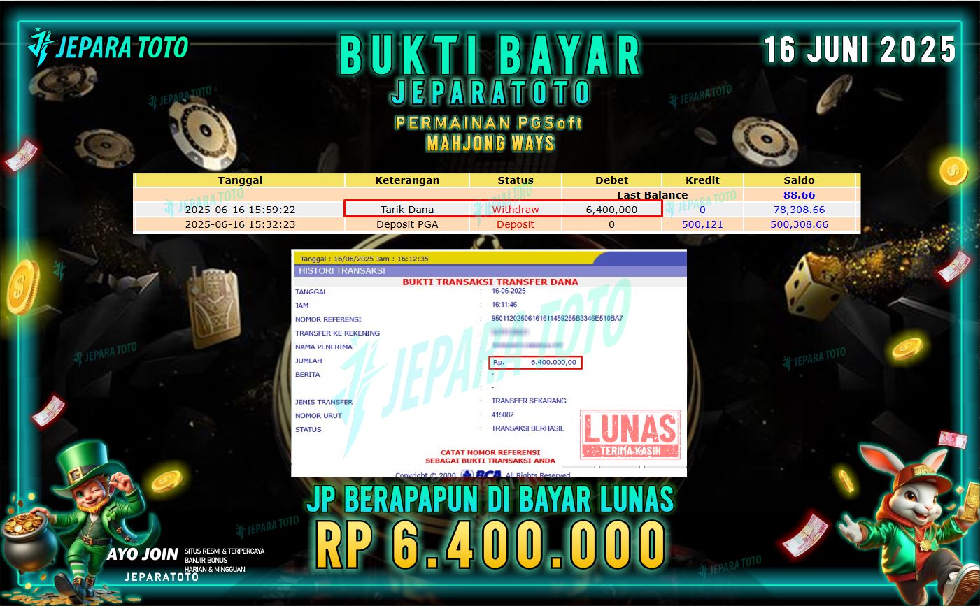 BUKTI KEMENANGAN MEMBER JEPARATOTO | MAHJONG WAYS