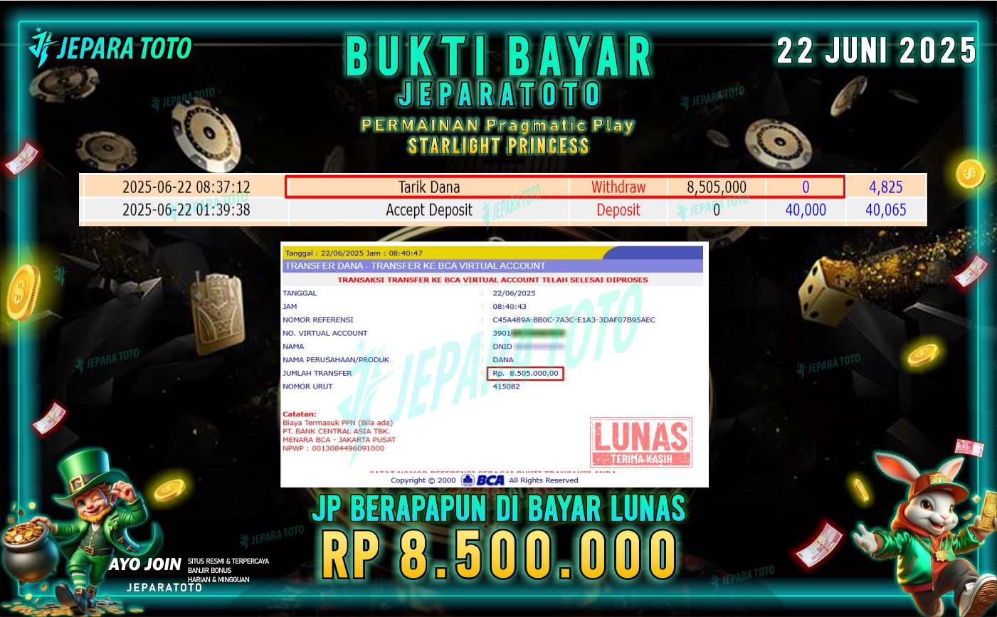 BUKTI KEMENANGAN MEMBER JEPARATOTO | STARLIGHT PRINCESS
