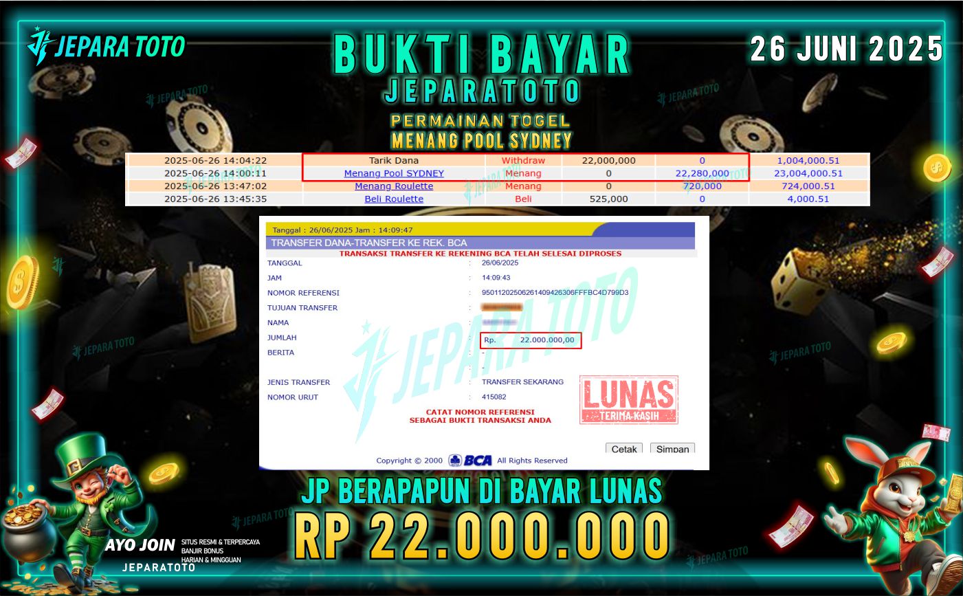 BUKTI KEMENANGAN MEMBER JEPARATOTO | POOL SYDNEY