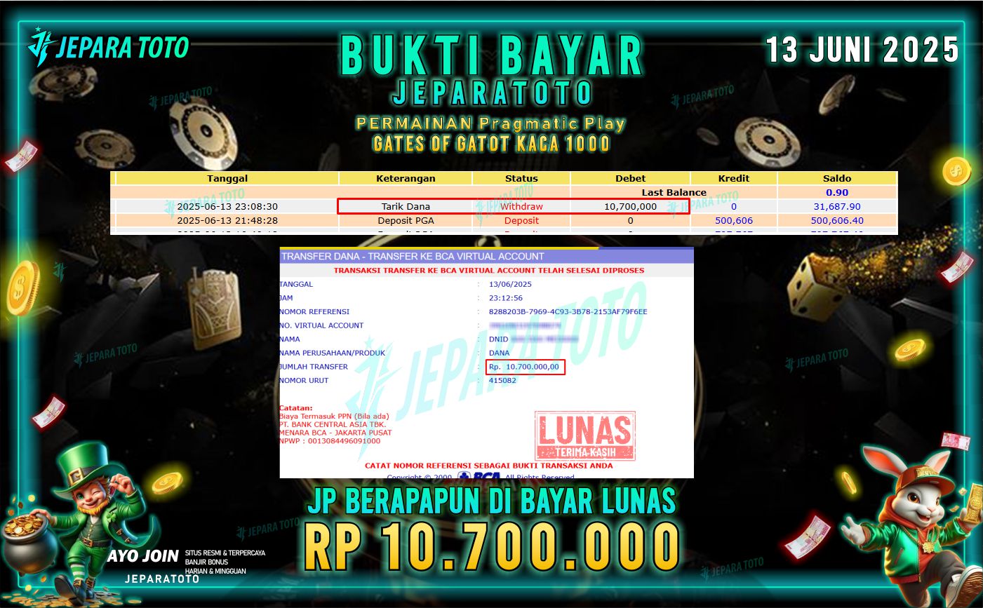 BUKTI KEMENANGAN MEMBER JEPARATOTO | Gates Of Gatot Kaca 1000