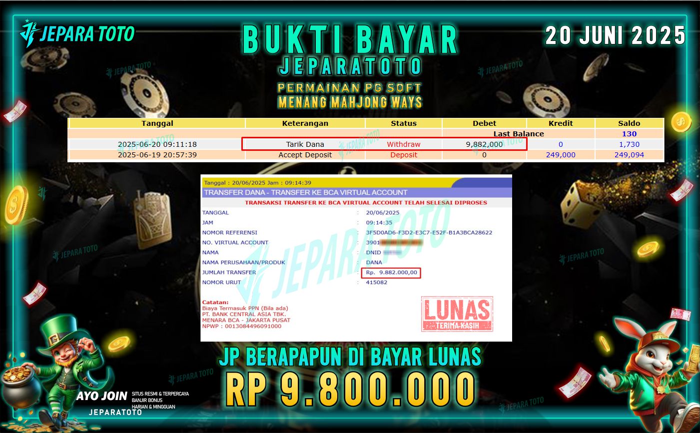 BUKTI KEMENANGAN MEMBER JEPARATOTO | MAHJONG WAYS