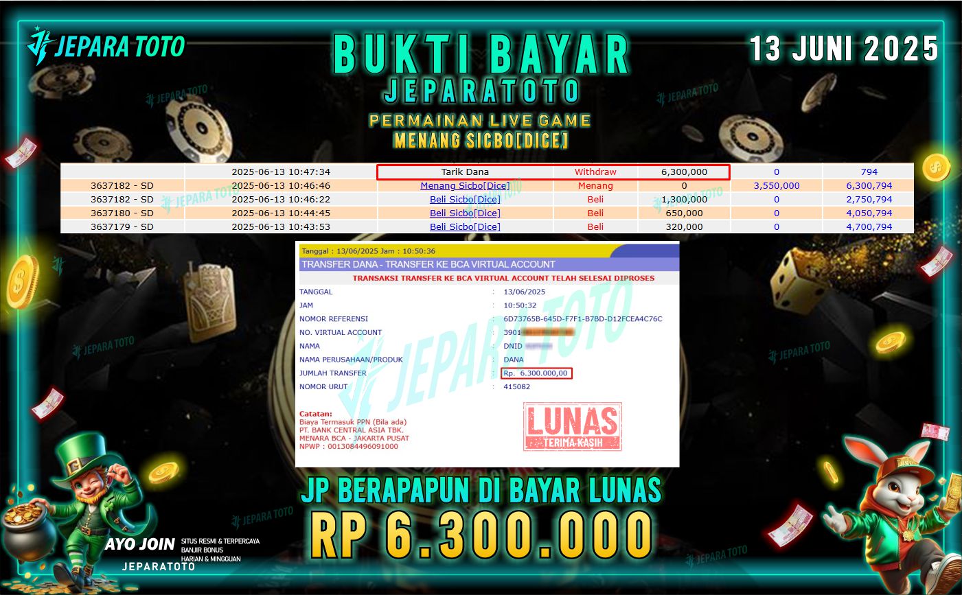 BUKTI KEMENANGAN MEMBER JEPARATOTO |  SICBO DICE