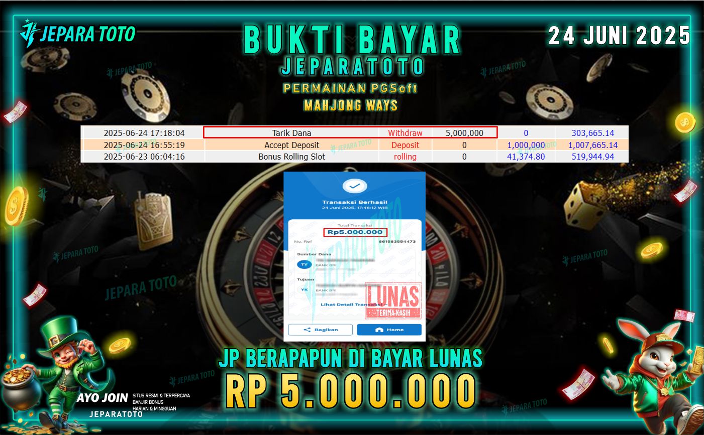 BUKTI KEMENANGAN MEMBER JEPARATOTO | MAHJONG WAYS