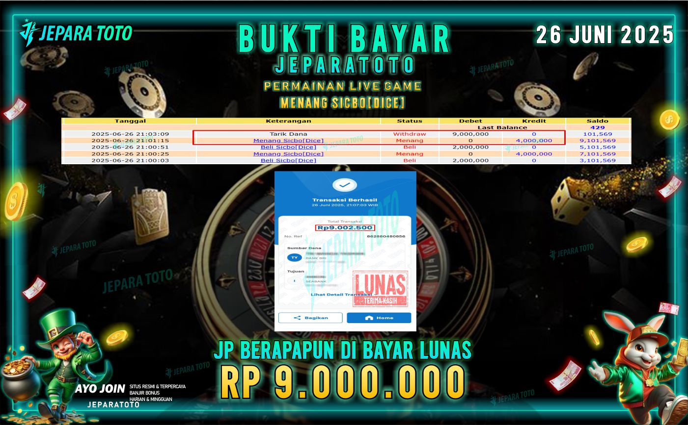 BUKTI KEMENANGAN MEMBER JEPARATOTO | SICBO DICE