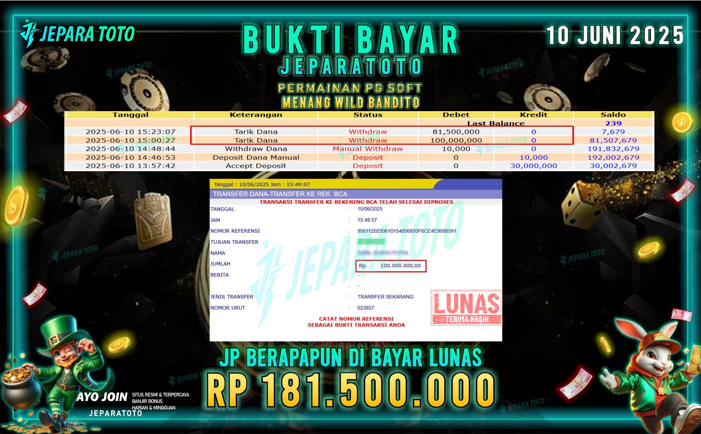BUKTI KEMENANGAN MEMBER JEPARATOTO | WILD BANDITO