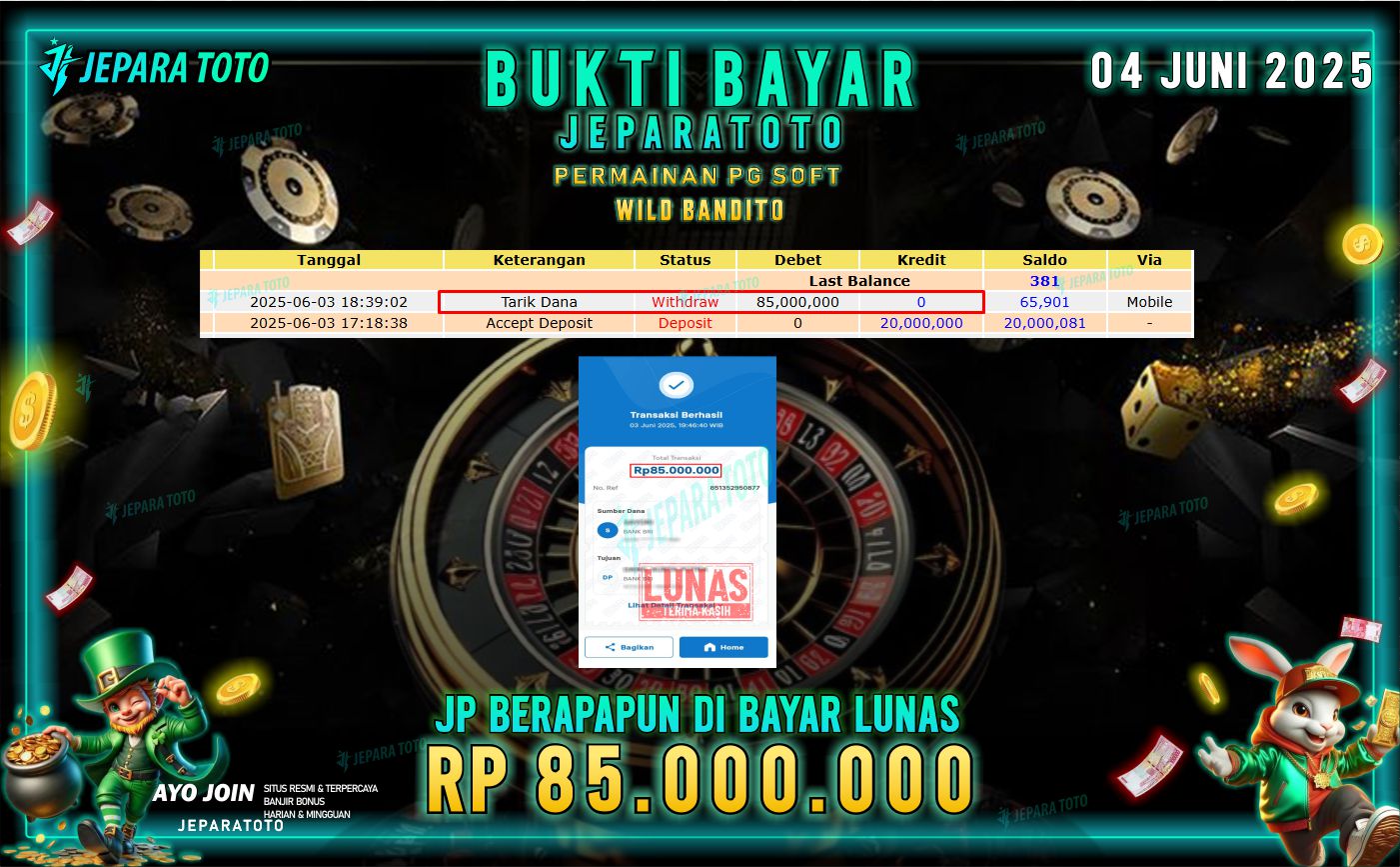 BUKTI KEMENANGAN MEMBER JEPARATOTO | WILD BANDITO