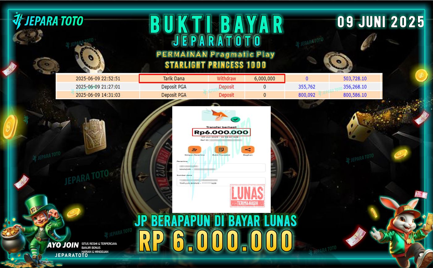 BUKTI KEMENANGAN MEMBER JEPARATOTO | STARLIGHT PRINCESS 1000