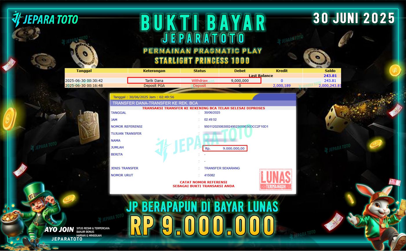 BUKTI KEMENANGAN MEMBER JEPARATOTO | STARLIGHT PRINCESS 1000
