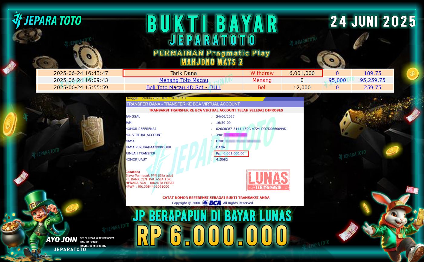 BUKTI KEMENANGAN MEMBER JEPARATOTO | MAHJONG WAYS 2