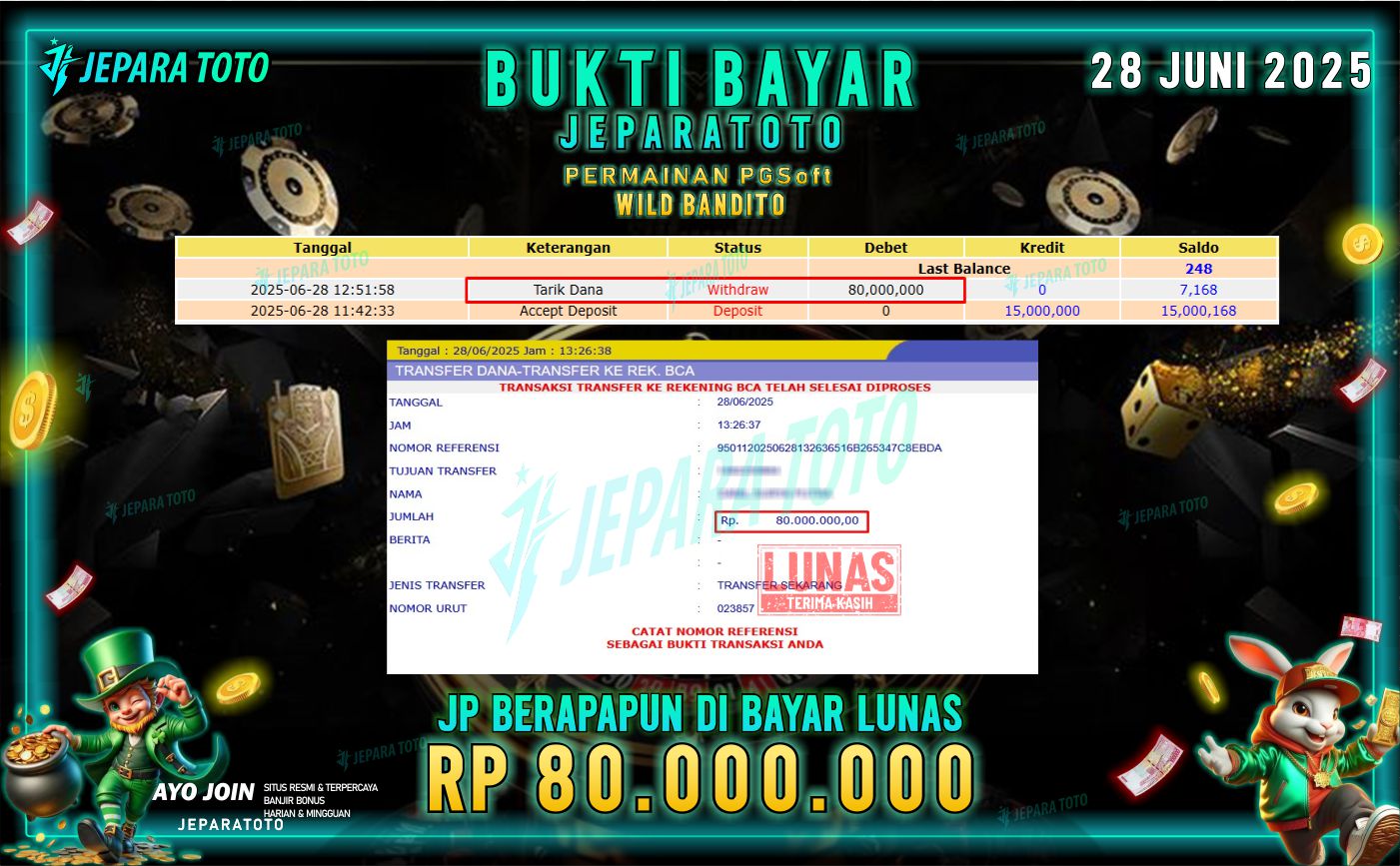 BUKTI KEMENANGAN MEMBER JEPARATOTO | WILD BANDITO