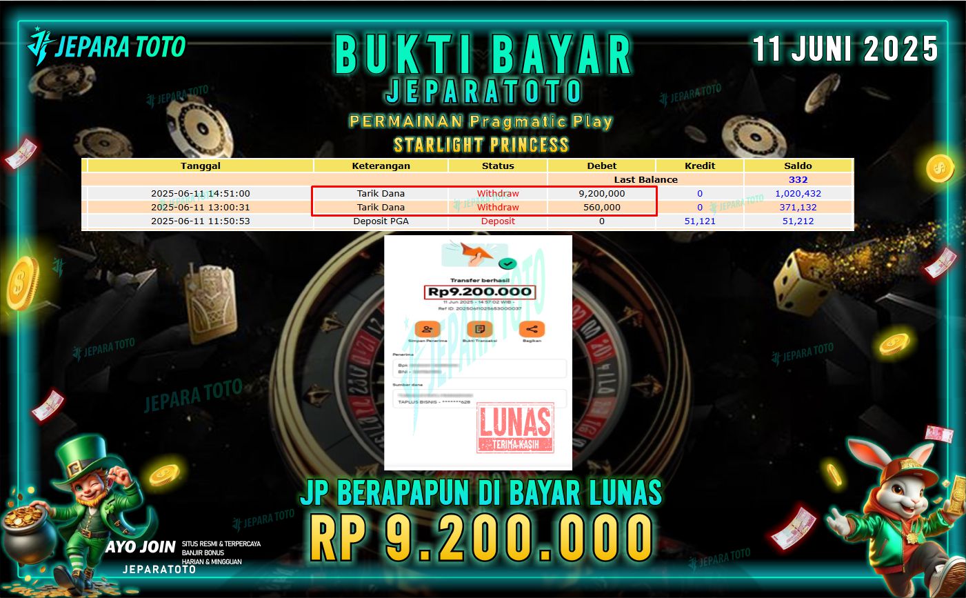 BUKTI KEMENANGAN MEMBER JEPARATOTO | STARLIGHT PRINCESS