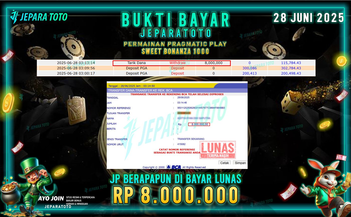 BUKTI KEMENANGAN MEMBER JEPARATOTO | SWEET BONANZA 1000
