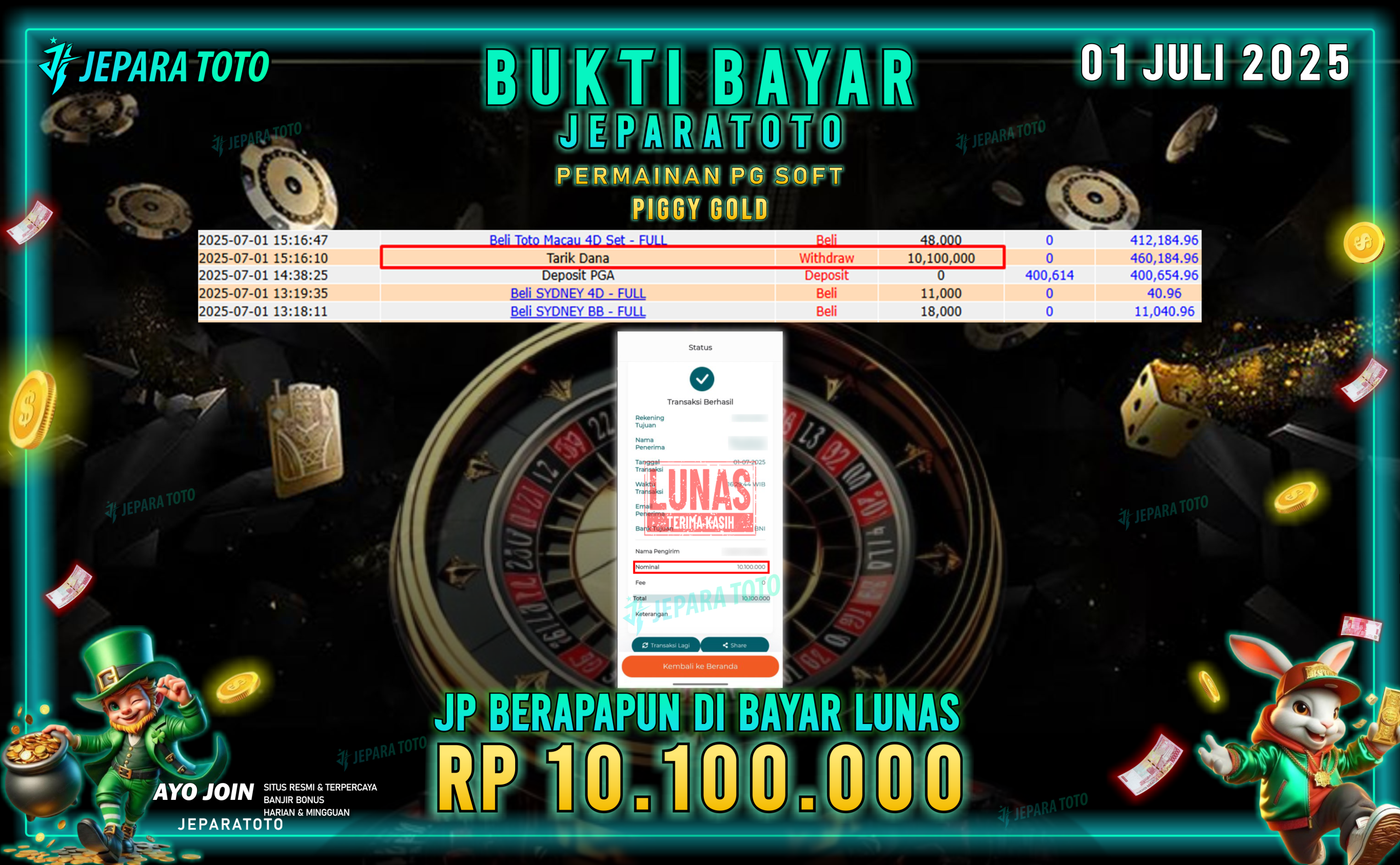 BUKTI KEMENANGAN MEMBER JEPARATOTO | PIGGY GOLD