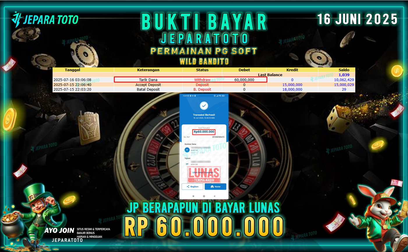 BUKTI KEMENANGAN MEMBER JEPARATOTO | WILD BANDITO