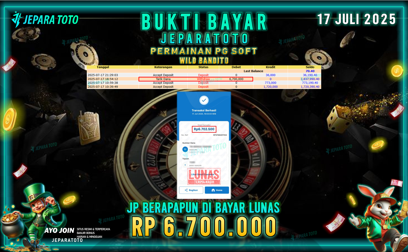 BUKTI KEMENANGAN MEMBER JEPARATOTO | WILD BANDITO