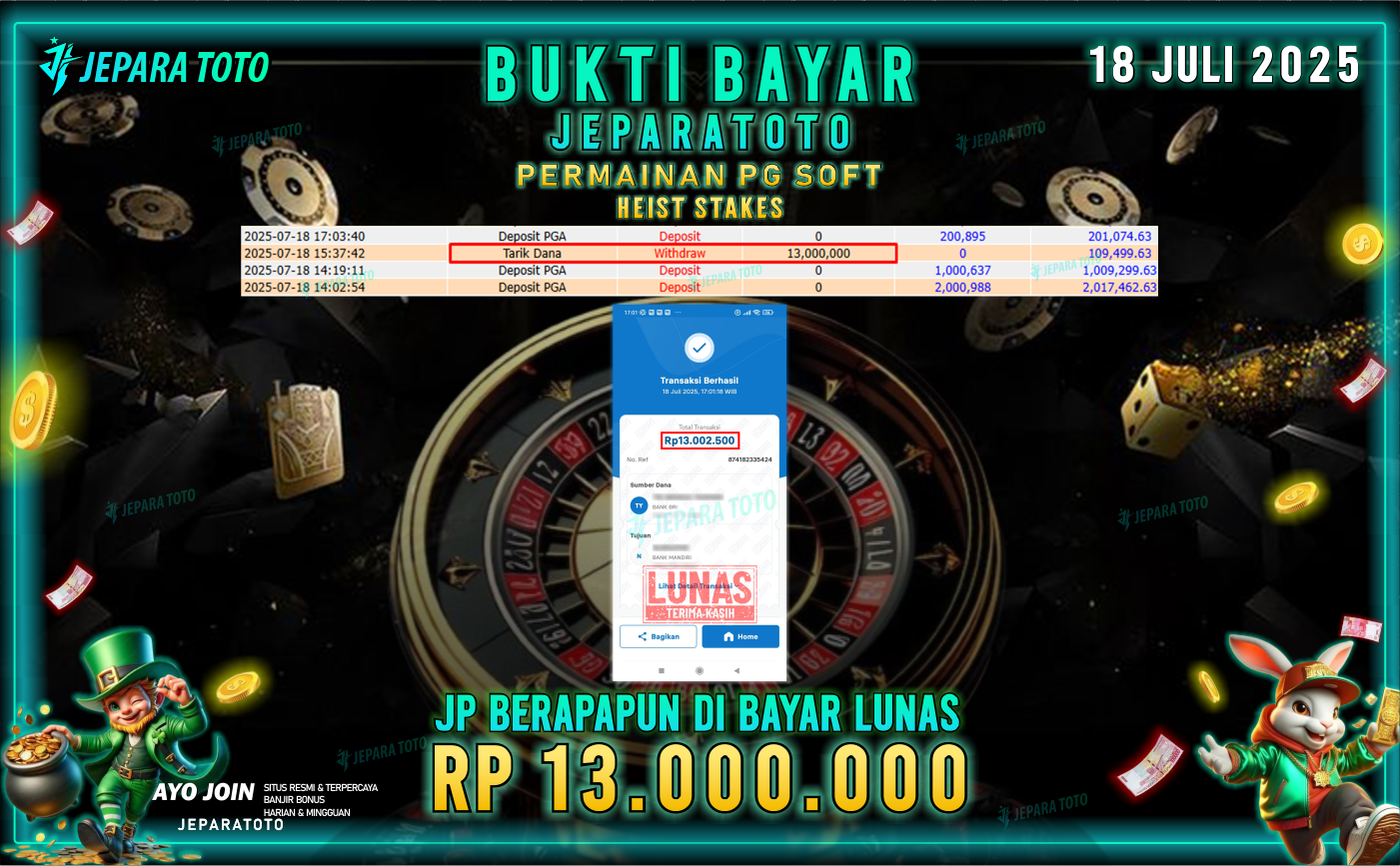 BUKTI KEMENANGAN MEMBER JEPARATOTO | HEIST STAKES