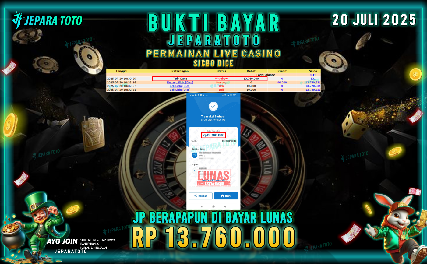 BUKTI KEMENANGAN MEMBER JEPARATOTO | SICBO DICE
