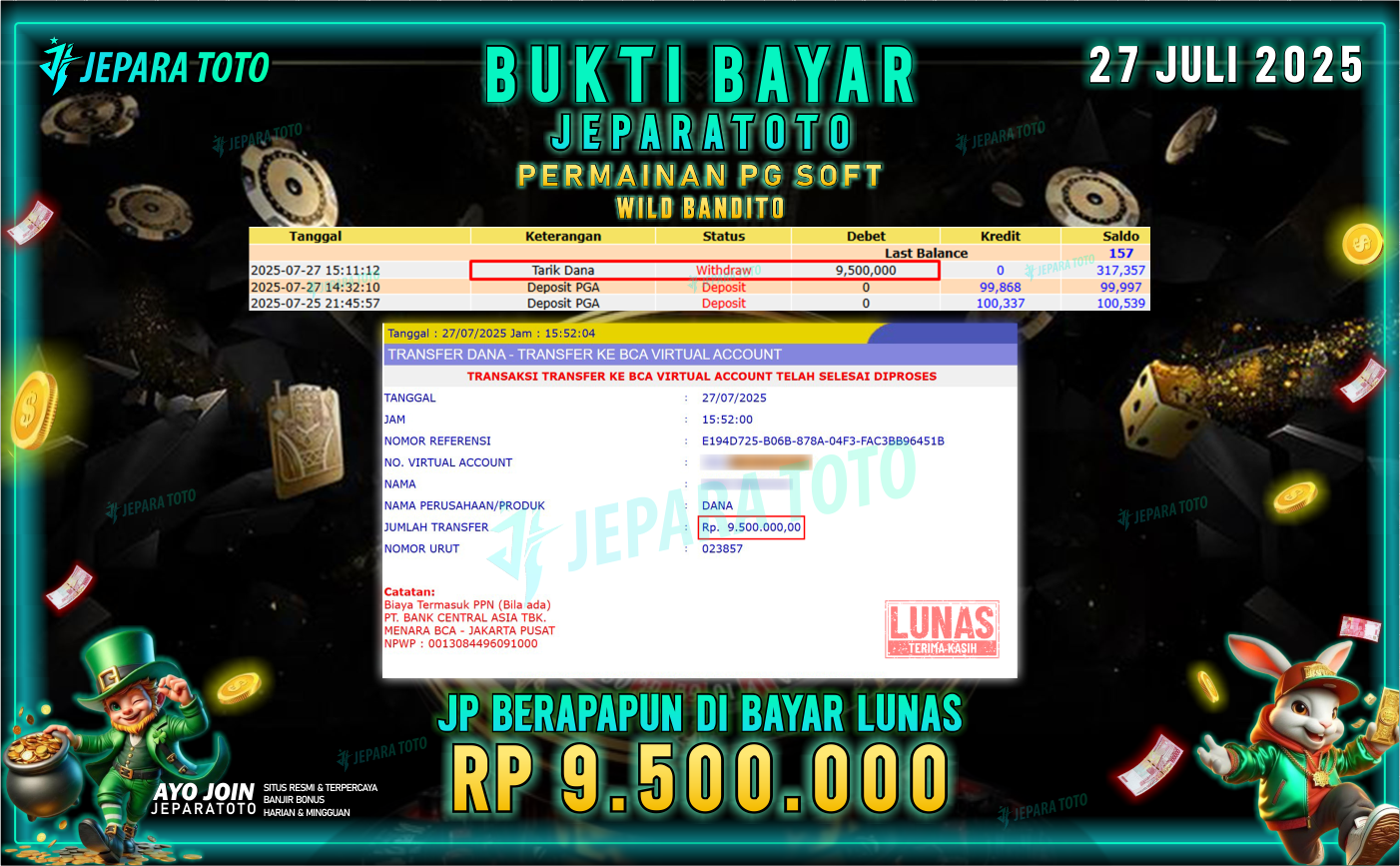 BUKTI KEMENANGAN MEMBER JEPARATOTO | WILD BANDITO