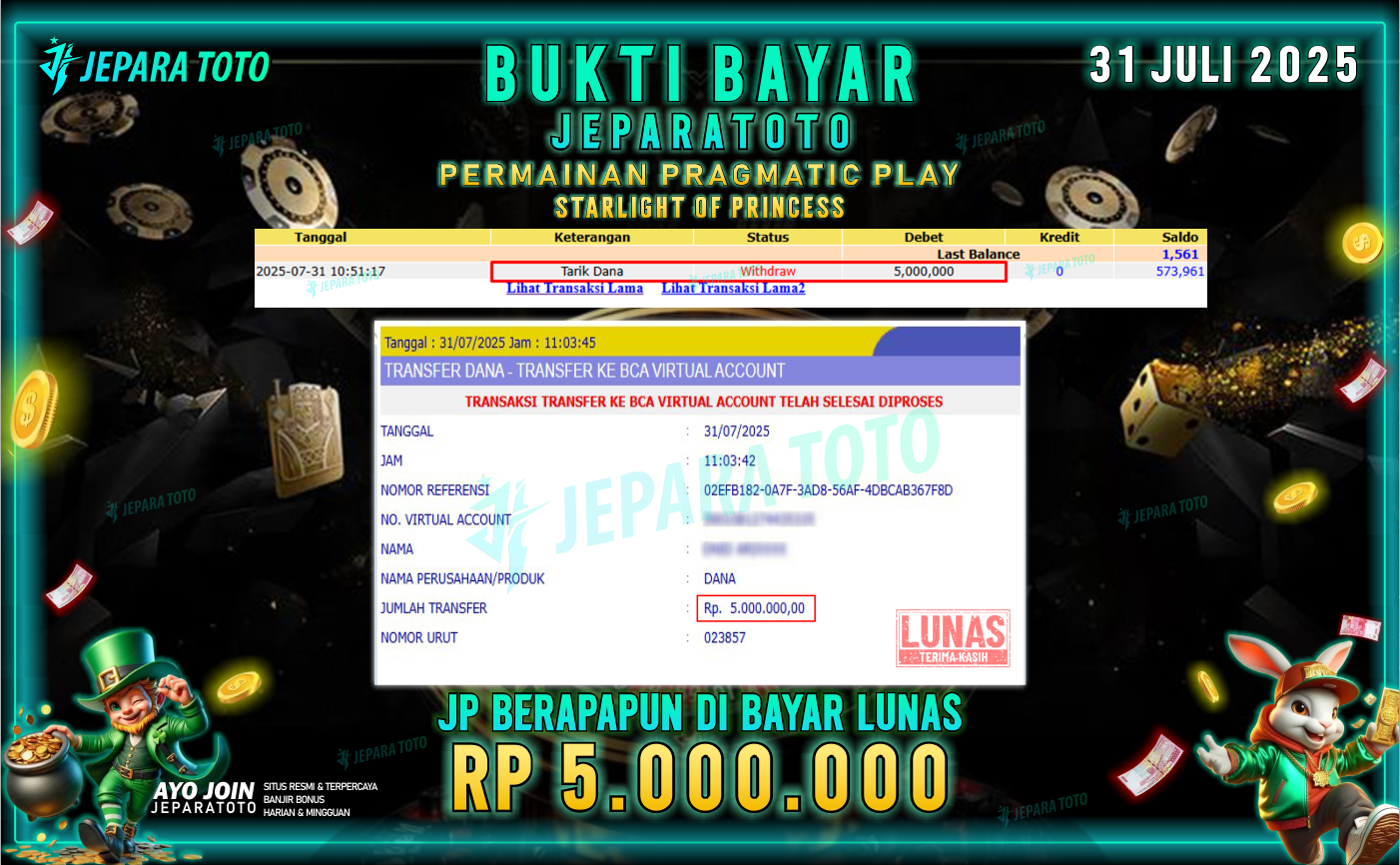 BUKTI KEMENANGAN MEMBER JEPARATOTO | STARLIGHT OF PRINCESS