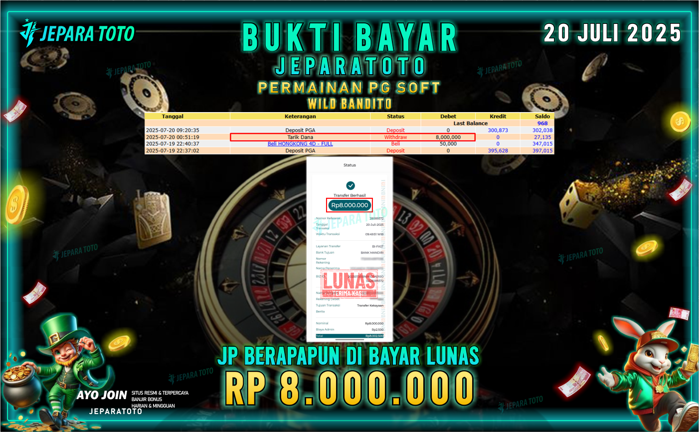 BUKTI KEMENANGAN MEMBER JEPARATOTO | WILD BANDITO