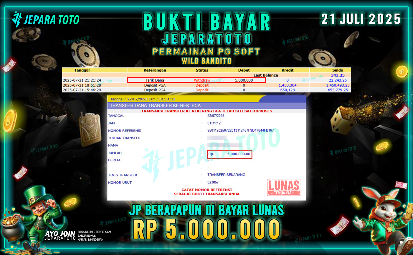 BUKTI KEMENANGAN MEMBER JEPARATOTO | WILD BANDITO