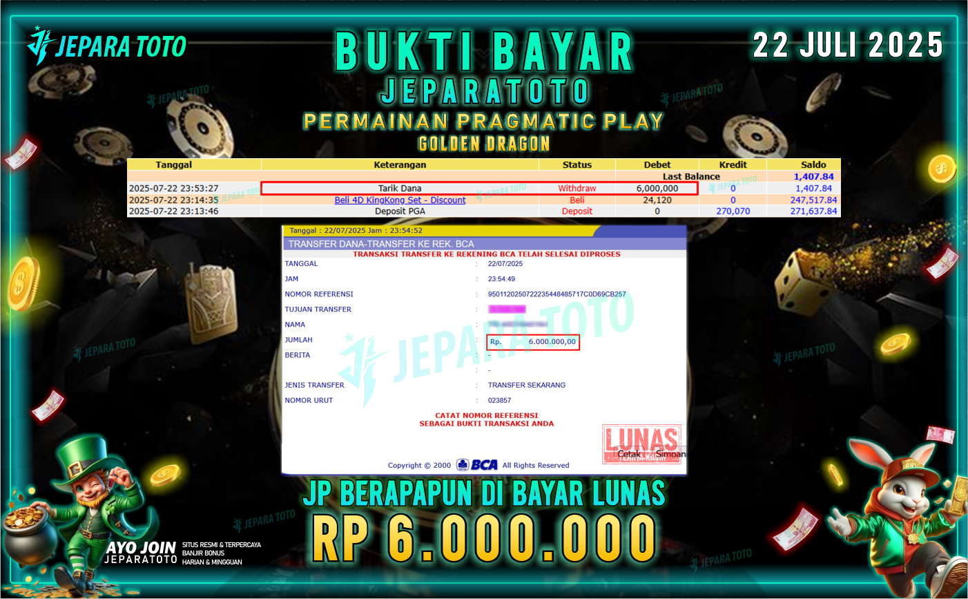 BUKTI KEMENANGAN MEMBER JEPARATOTO | GOLDEN DRAGON