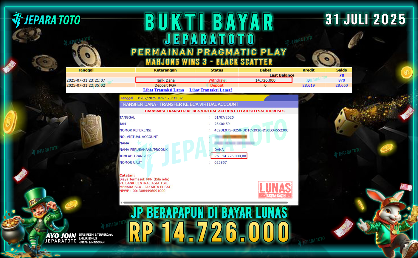 BUKTI KEMENANGAN MEMBER JEPARATOTO | MAHJONG WINS 3 –  BLACK SCATTER