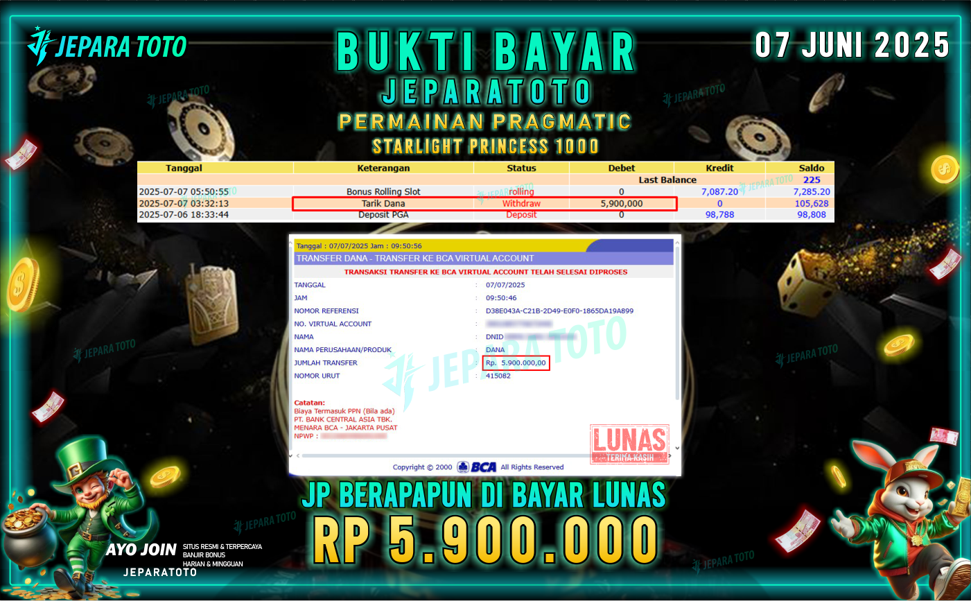 BUKTI KEMENANGAN MEMBER JEPARATOTO | STARLIGHT PRINCESS 1000