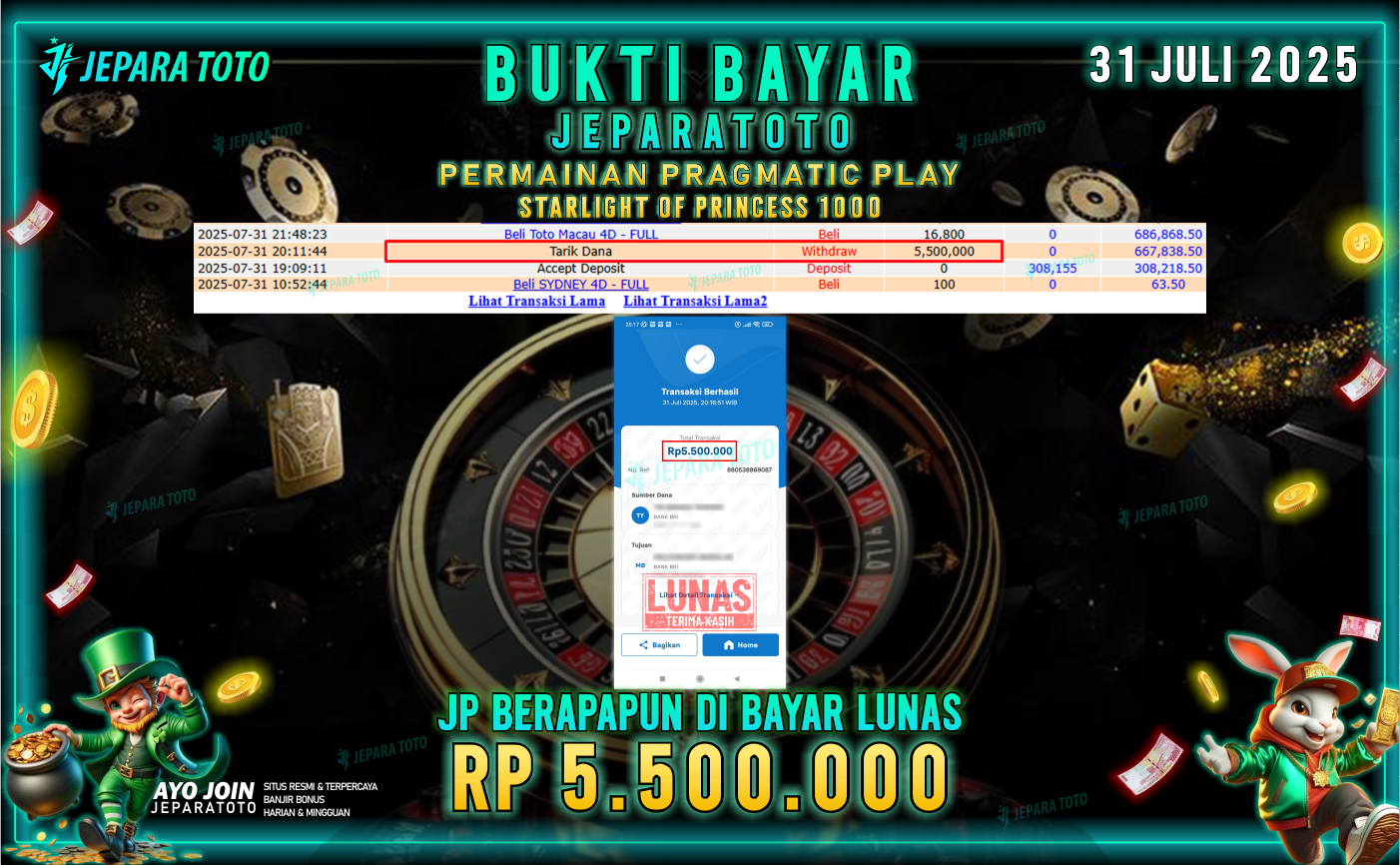 BUKTI KEMENANGAN MEMBER JEPARATOTO | STARLIGHT OF PRINCESS 1000