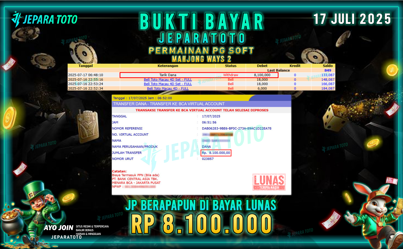 BUKTI KEMENANGAN MEMBER JEPARATOTO | MAHJONG WAYS 2