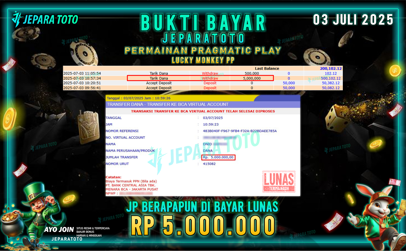 BUKTI KEMENANGAN MEMBER JEPARATOTO | LUCKY MONKEY PP