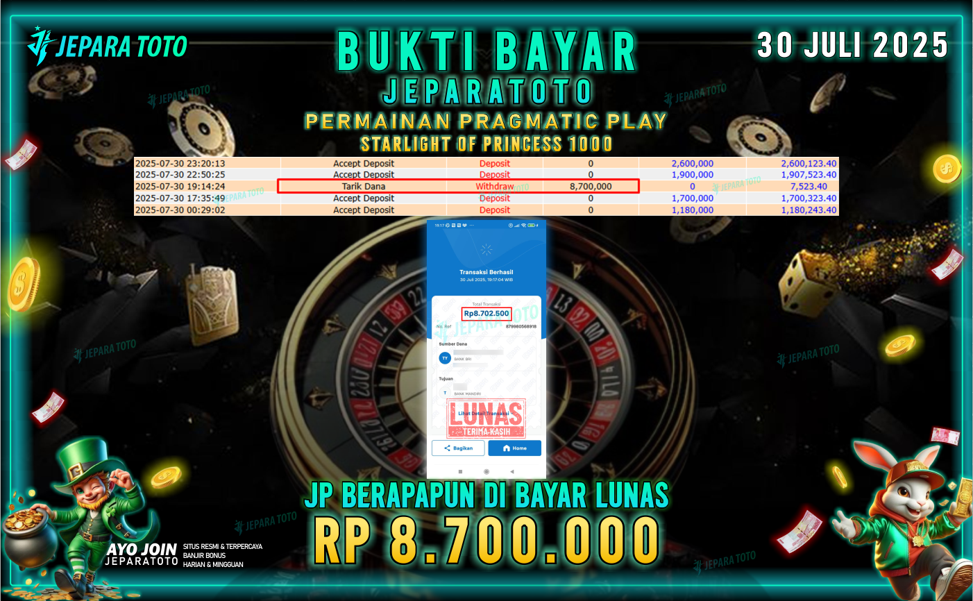 BUKTI KEMENANGAN MEMBER JEPARATOTO | STARLIGHT OF PRINCESS 1000
