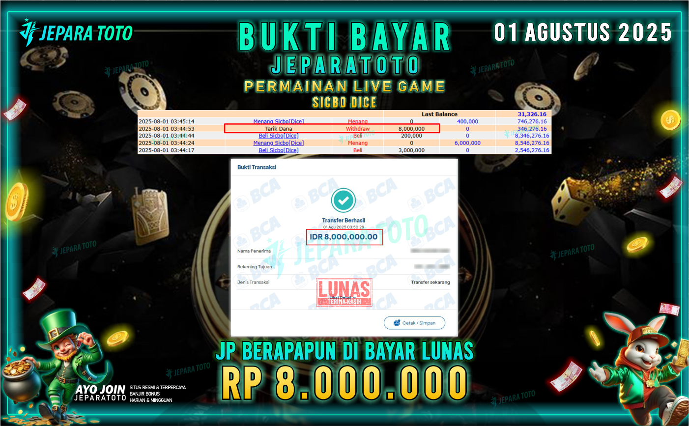 BUKTI KEMENANGAN MEMBER JEPARATOTO | SICBO DICE