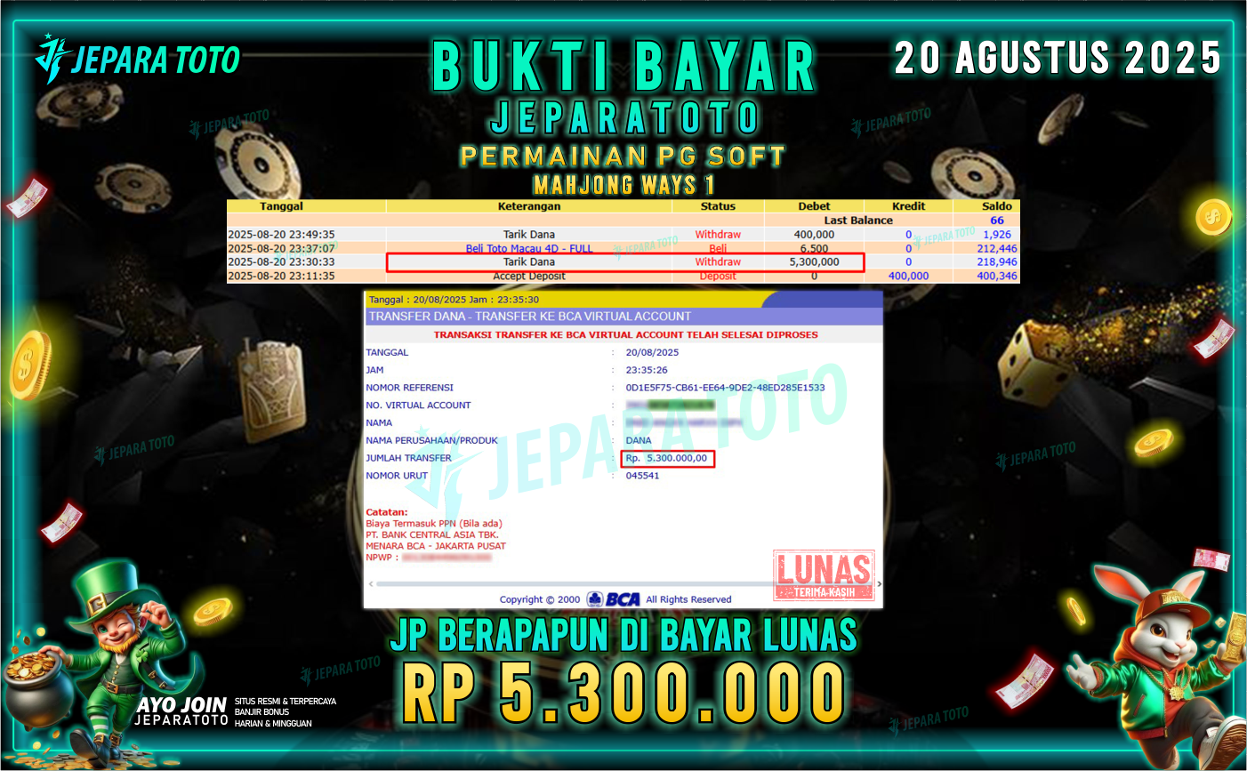 BUKTI KEMENANGAN MEMBER JEPARATOTO | MAHJONG WAYS 1