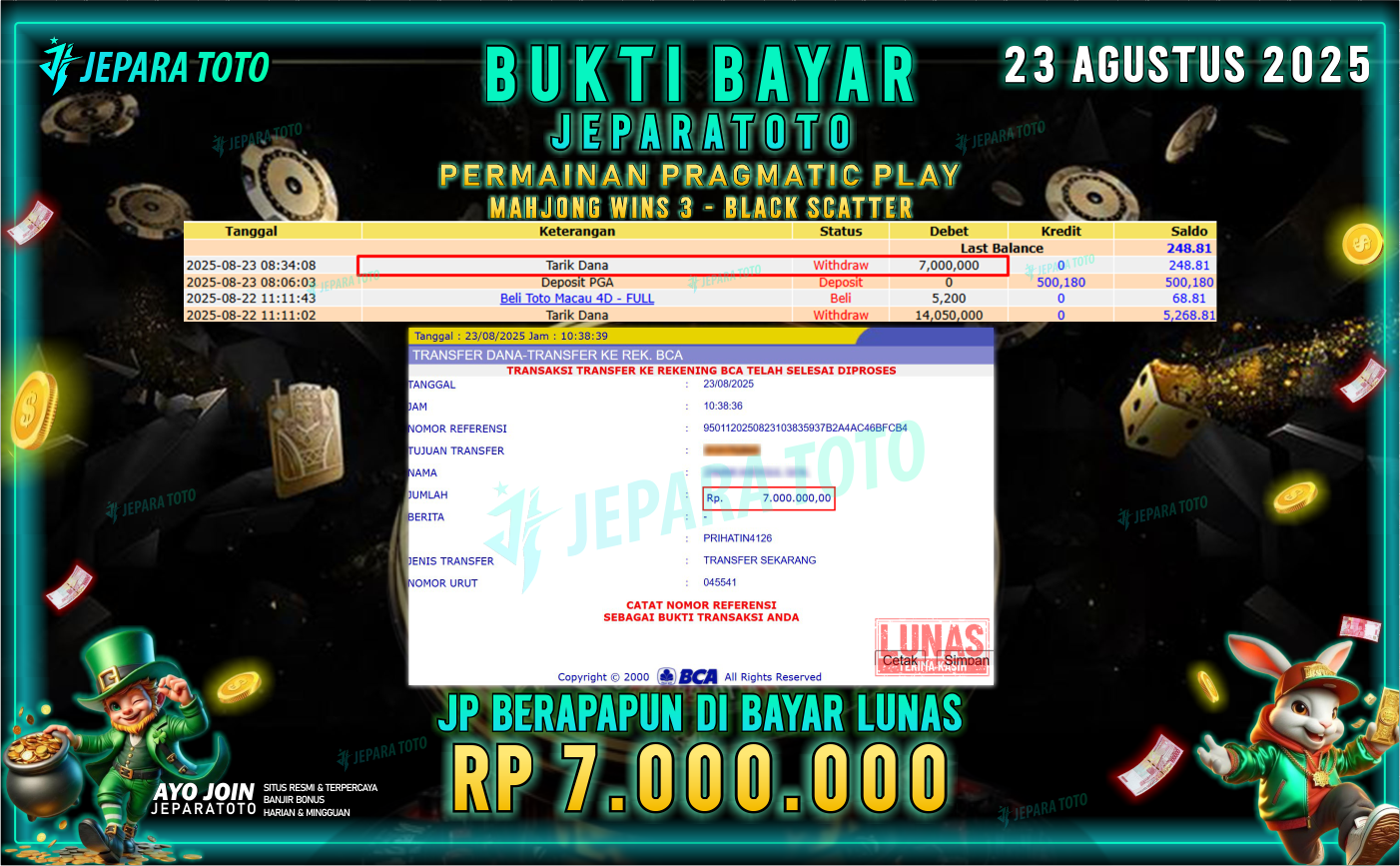 BUKTI KEMENANGAN MEMBER JEPARATOTO | MAHJONG WINS 3 – BLACK SCATTER