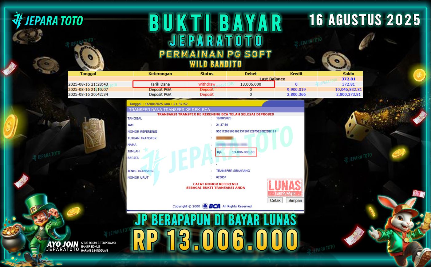 BUKTI KEMENANGAN MEMBER JEPARATOTO | WILD BANDITO