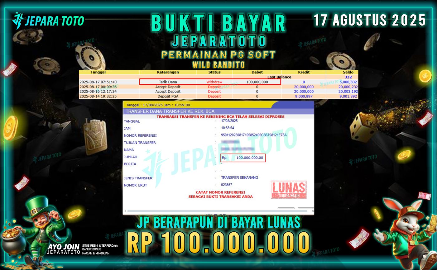 BUKTI KEMENANGAN MEMBER JEPARATOTO | WILD BANDITO