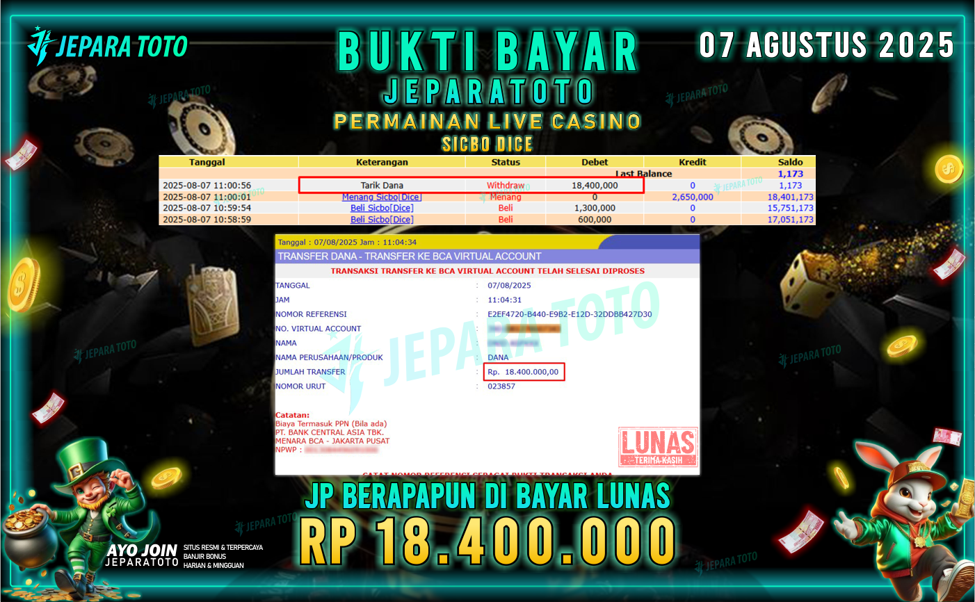BUKTI KEMENANGAN MEMBER JEPARATOTO | SICBO DICE