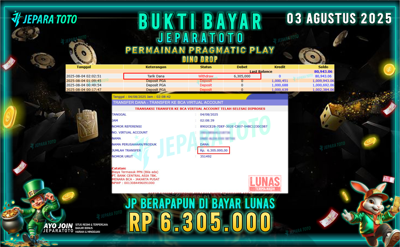 BUKTI KEMENANGAN MEMBER JEPARATOTO | DINO DROP