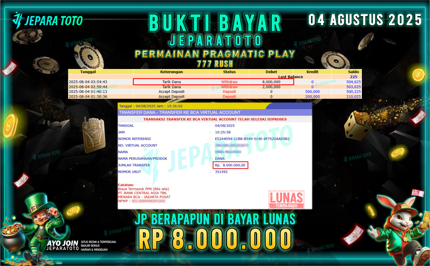 BUKTI KEMENANGAN MEMBER JEPARATOTO | 777 RUSH