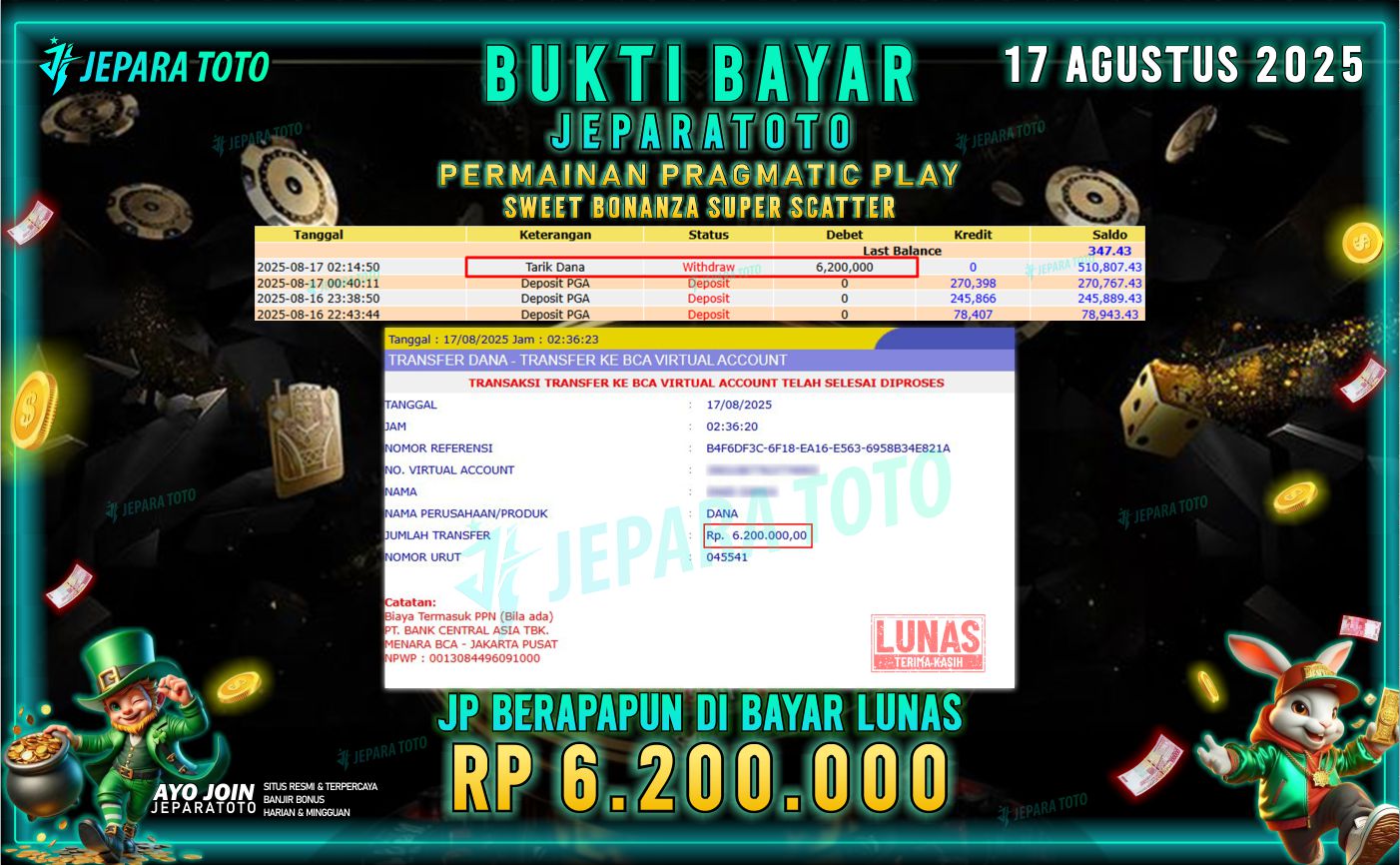 BUKTI KEMENANGAN MEMBER JEPARATOTO | SWEET BONANZA SUPER SCATTER