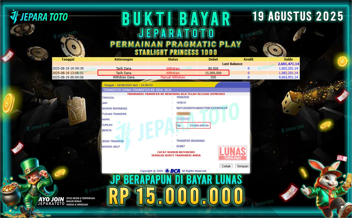 BUKTI KEMENANGAN MEMBER JEPARATOTO | STARLIGHT PRINCESS 1000