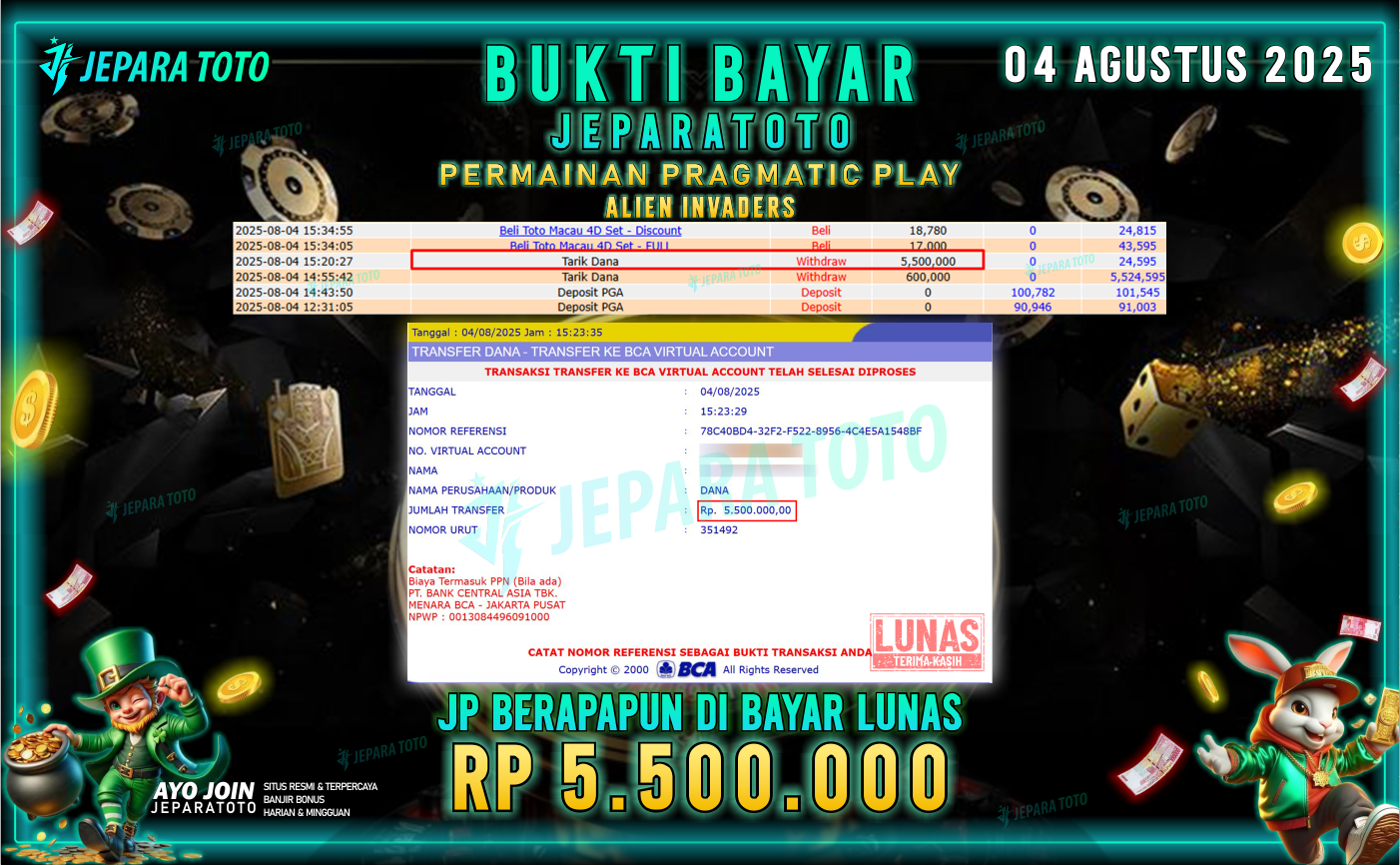 BUKTI KEMENANGAN MEMBER JEPARATOTO | ALIEN INVADERS